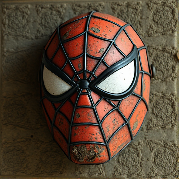 show me an old retired and beat up version of spiderman mask off
