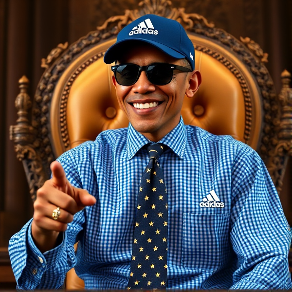 Barack Obama assis sur un trône avec casquette logo adidas , portant une chemise vichy bleue petit carreaux  et une cravate étoilée avec des logos discrets. Il porte des lunettes Ray-Ban de soleil  et une casquette Adidas,. Il pointe des doigts 
Logo adidas en gros sur sa cravate
Il regarde nous en souriant