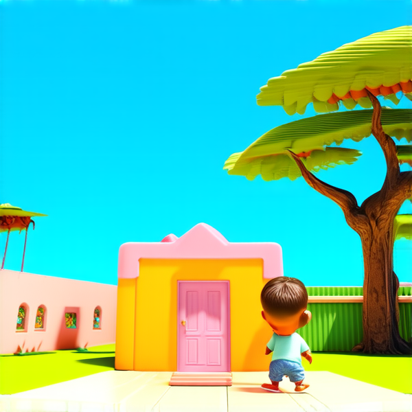 bâtiment d'une école primaire typique en Afrique avec des enfants jouant dans la cour, sous un ciel bleu clair et des arbres à proximité