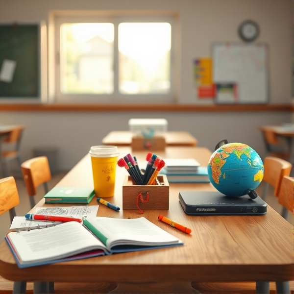 table en bois éclairée par la lumière naturelle de la fenêtre, couverte de fournitures scolaires comme des cahiers ouverts, des stylos, des crayons, une trousse, un globe terrestre et une tablette , dans une salle de classe calme