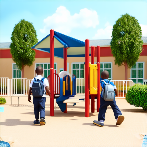bâtiment d'une école primaire traditionnelle avec cours de récréation, enfants noirs africains en uniforme scolaire chemise blanche et pantalons bleu marine avec des cartables