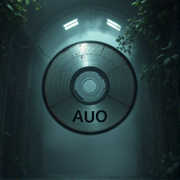 A weathered, oxidized compact disc with  "AUO" letters, placed just below centre. The CD is angled to catch the light, emphasizing its rustic texture.