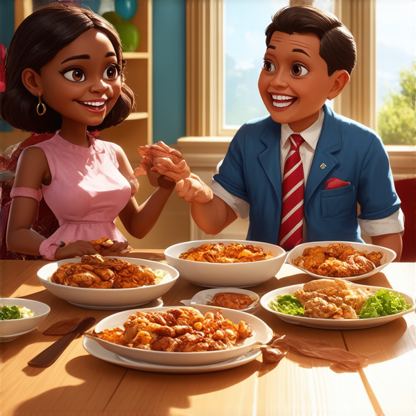 Repas de famille afro-américaine chaleureux et convivial, avec un grand assortiment de plats traditionnels soul food sur une grande table en bois, entourée de membres de la famille riant et partageant des moments ensemble dans une salle à manger bien éclairée et décorée pour l'occasion