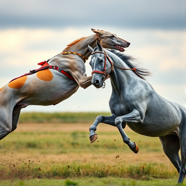 A grey and orange Greyhound being victorious over a blue and grey horse, non realistic