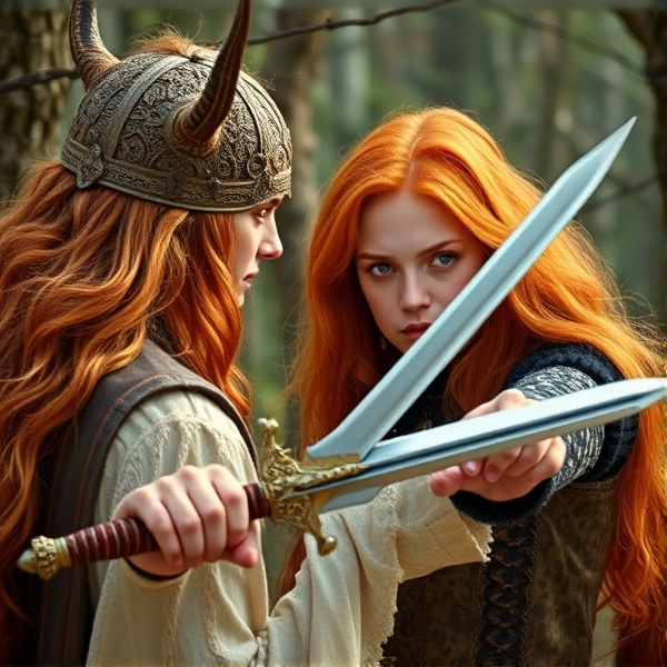 Red haired Caucasian Arthurian teenage princess points her sword at an evil blond haired druidess