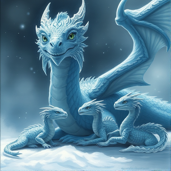 A handsome, kind, father Ice Dragon with two little Ice dragon babies