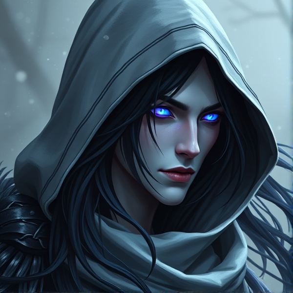 A tall long haired black haired void hunter with ivory skin with purple and blue gowey accents and no horns with pale skin and glowing blue eyes male wearing a hood