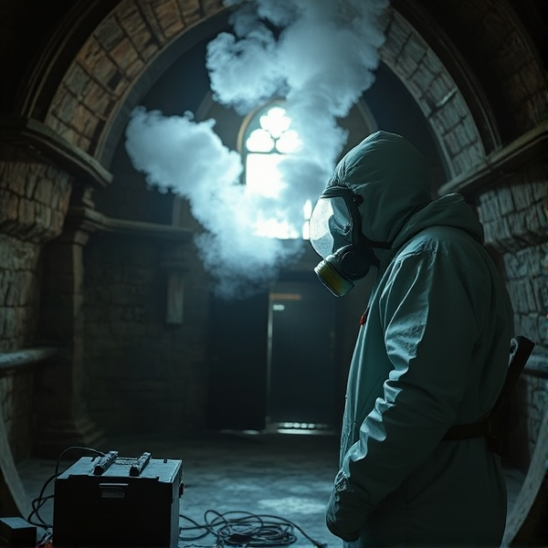 An asbestos assessor, dressed in a protective suit with a respirator mask, carefully monitoring a smoke test within an old, mythical-themed structure, reminiscent of a fable, to ensure its safety before initiating the asbestos abatement process. The setting is subdued and conveys the seriousness of the inspection, with equipment and tools for detecting asbestos visible.