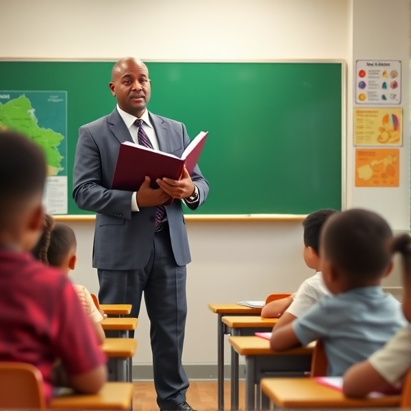 Directeur d'école afro-américain debout tenant un classeur ouvert dans ses mains portant un costume formel, dans une salle de classe avec un tableau vert, s'adressant  à un groupe d'élèves afro-américaines attentives de huit ans assises à leurs pupitres. Ils sont entourés de matériel pédagogique adapté à leur âge, comme des cartes géographiques, des affiches éducatives et des dessins d'enfants accrochés aux murs. La scène dégage une atmosphère chaleureuse et encourageante.