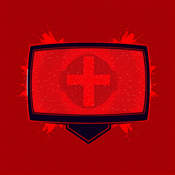 Red colored, Glitched out screen, with a cross on it