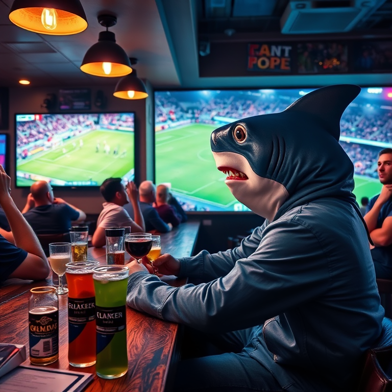 An anthropomorphic shark character dressed in casual human attire, intently watching a live football match on a large TV screen, seated at a bar with various drinks and snacks on the counter, other patrons around showing mixed reactions to the game