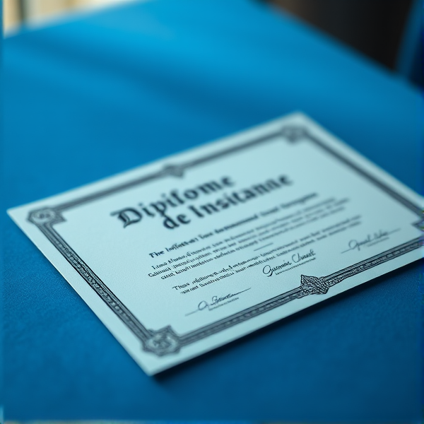Diplôme écrit en français posé sur une table  bleue