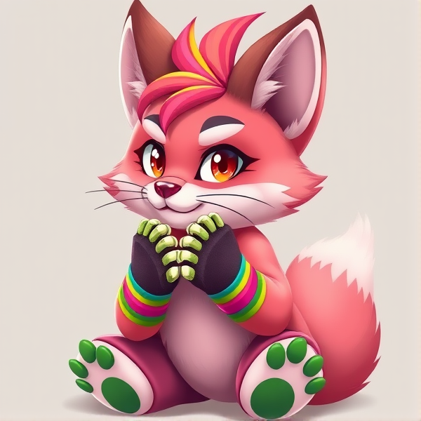 Unique fursona cat dog fox wolf pink and brown furry with scenecore fingerless gloves  and rainbow hair tuft, brightly coloured bracelets over the hands. Green paw pads full body artwork reference cartoony styled furry full body showing silly scenecore lil guy :3