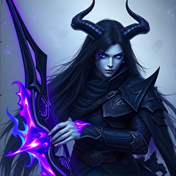 A tall long haired black haired void hunter with ivory skin with purple and blue gowey accents and no horns with pale skin and glowing blue eyes male wearing armor male male male boy man
With a bow made of purple flame