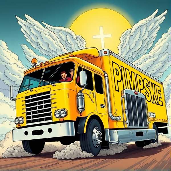 All yellow moving truck, word "PIMPSKE" ON THE SIDE of trailer, truck driving into heaven, black man waving out driver side window