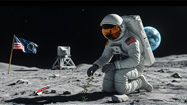Prompt: Un astronaute en combinaison spatiale détaillée, portant un casque réfléchissant et des gants robustes, est agenouillé sur le sol poussiéreux de la lune sous un ciel étoilé noir, plantant soigneusement des graines de cannabis dans un dôme biodôme lunaire transparent équipé de systèmes hydroponiques avancés et d'éclairage artificiel spécifique pour la culture. À l'arrière-plan, on aperçoit un module d'atterrissage spatial avec le drapeau de l'ESA (Agence spatiale européenne), et la Terre se lève majestueusement à l'horizon. Des outils scientifiques pour la culture spatiale sont dispersés autour du site d'atterrissage.
