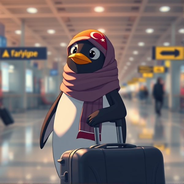 Pingouin avec une valise dans un aéroport avec un voilé turc sur la tête