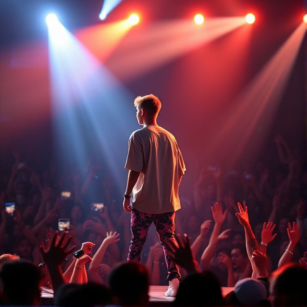 justin bieber on stage in an outfit, lights, crowd