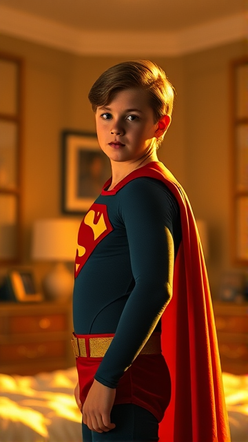 1990's Movie Scene: Jon Kent, AKA Superboy, the young little 12-year old super son of Superman, and the first kid to be born as the world's first Half-Kryptonian child, with an extremely muscular body, the iconic costume, the singular curled bang sticking out at the front of his flat and smooth hair, and a long cape, standing in his bedroom, ready for action.