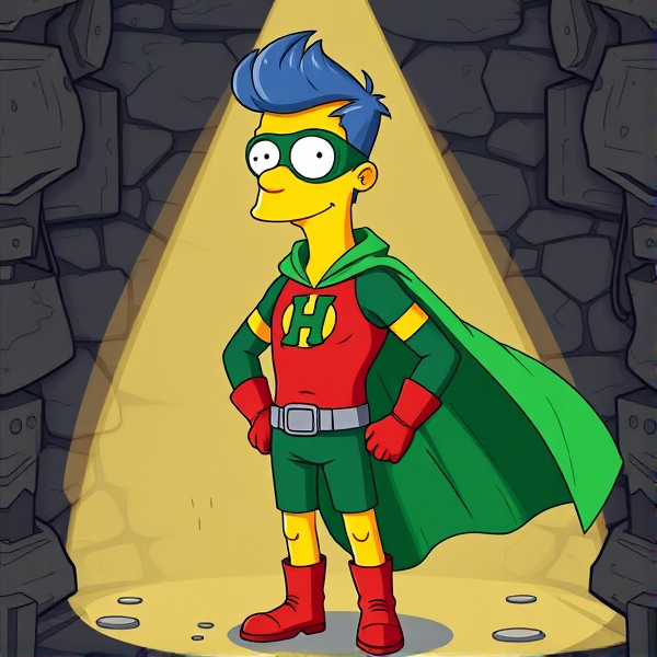 Milhouse Van Houten from The Simpsons, with his yellow skin, really big round nose, and blue hair that's slicked back and curled up at the top, but as a tall, 18-year old teenager, dressed as a parody of Robin, The Boy Wonder, with an extremely muscular torso and arms, a dark green bodysuit with a red torso adorned with a green H symbol on his chest, a grey utility belt, red boots, red long-cuffed gloves, a big, heel-length long, ultra-wide green cape, and a green eye mask with optical lenses in it, now known as Houseboy, The Nerd Wonder, the other half of Springfield's Dynamic Duo, and one of the greatest vigilante superheroes ever known in Springfield. He is currently standing in his secret high-tech underground lair, ready for action.
