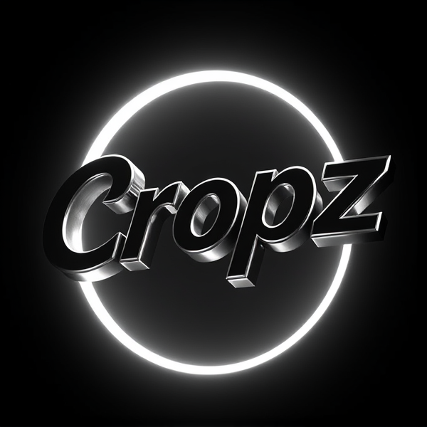 A highly detailed, high-contrast black and white 3D logo featuring the stylish, sans-serif, bold font word "Cropz" jumping out of a dark background, illuminated by a dramatic ring light that accentuates the model's curved, futuristic edges and smooth, metallic surfaces, evoking a sense of excitement and dynamism, rendered in a vivid, vibrant, high-gradation style reminiscent of Pixar animation, with crisp, sharp lines and geometric shapes, created using the powerful tools of Unreal Engine, Octane Engine, and V-Ray, with an overall aesthetic that is exaggerated, surreal, and eye-catching, taking inspiration from sci-fi and futuristic design.
