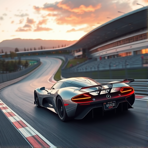 Futuristic sports car hovering above race track in japan