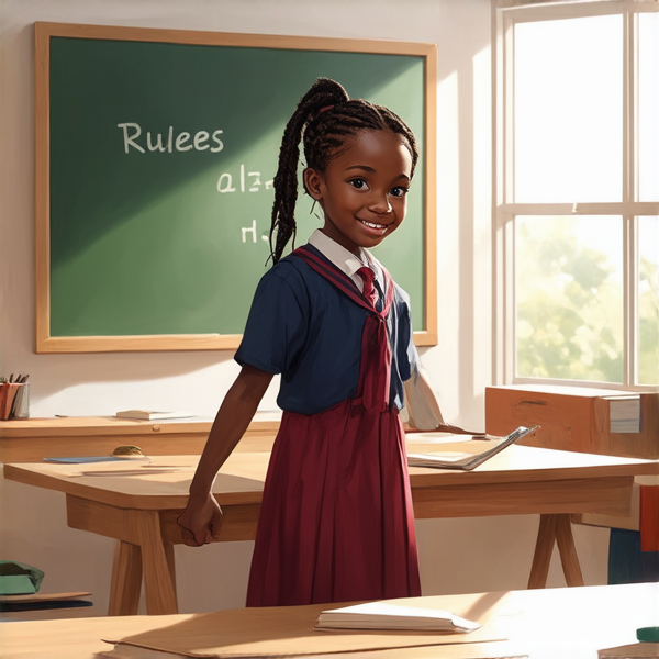 jeune fille noire de 10 ans, vêtue d'un uniforme scolaire des tresses africaines, debout souriante et concentrée devant un tableau noir rempli de regles d'orthographe en français  dans une salle de classe ensoleillée et colorée avec des bureaux en bois et des affiches éducatives sur les murs