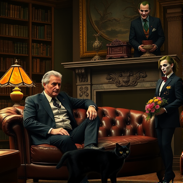 Batman assis dans une pose contemplative sur un canapé Chesterfield en cuir marron vieilli, dans une pièce d'un manoir victorien éclairée par une lampe Tiffany. Devant lui se trouve un psychologue distingué aux cheveux grisonnants et portant un costume trois-pièces bien taillé, observant le super-héros à travers des lunettes demi-lune. La pièce regorge de bibliothèques chargées de livres anciens et d'objets de curiosité érudits, avec des nuances boisées sombres typiques du style victorien. À côté, le Joker est adossé nonchalamment à une cheminée en marbre sculpté, souriant de manière narquoise avec ses cheveux verts en bataille et son maquillage effrayant, jouant distraitement avec une carte à jouer. Catwoman se tient debout avec grâce dans sa combinaison noire ajustée qui brille faiblement sous la lumière diffuse; elle porte des lunettes teintées et tient un bouquet de fleurs exotiques colorées. Un chat noir repose tranquillement à ses pieds, observant la scène d'un œil détaché. L'atmosphère est chargée de tension dramatique créée par les jeux d'ombres et lumières qui accentuent les expressions cachées et les secrets non révélés des personnages présents.