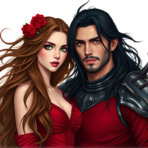 A woman with long flowing brown hair, green eyes, wearing a red dress with roses and thorns in her hair. Standing beside her is a man, much taller than her, with black flowing hair that curls at the ends. He has black eyes and slight scruff around his chin. He wears black and silver armor with long points on the ends. They are in love