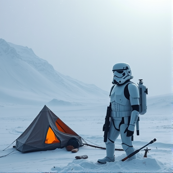 A storm trooper from Star Wars surviving on a small camp on a snowy planet alone