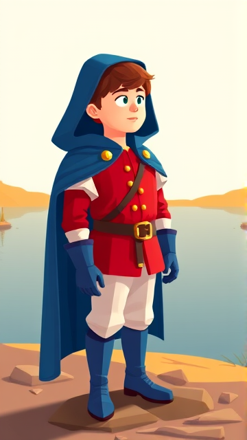 Clyde Donovan from South Park, light skin and brown hair, but as a 14-Year Old, dressed as a medieval prince with a red shirt with white sleeves, a black belt with a gold buckle, white pants, blue boots, blue long-cuffed gloves, and wreathed in a really big, heel-length long, ultra-wide blue hooded cape, now known as Prince Donovan. Despite still being a kid, he is the Youngest Ruler of South Park, Colorado, but now reborn as the real life Kingdom of Kupa Keep, Zaron, and Prince Donovan is its youngest and greatest hero. The young teenage prince of Kupa Keep is currently standing by the shoreline of a lake, looking out to the horizon and wondering what his next adventure will be.
