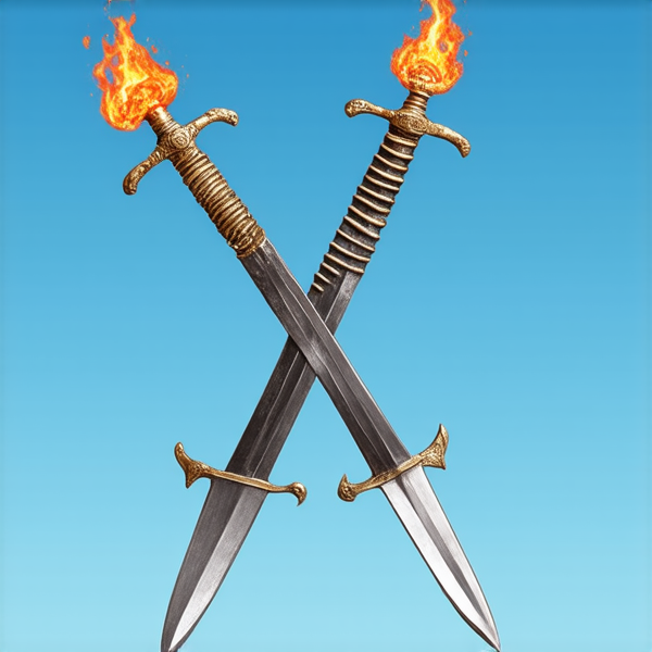 Trois épées croisées en leur centre. L'épée du milieu représentant le feu est placée verticalement. L'épée de gauche représente la terre de manière féminine, elle est placée avec un angle 315 degrés par rapport à l'épée verticale. L'épée de droite représente le vent de manière masculine et est placée 45 degrés de l'épée verticale. Les épées sont de style médiéval européen et ont leur pommeau vers le haut. L'image doit être réaliste.