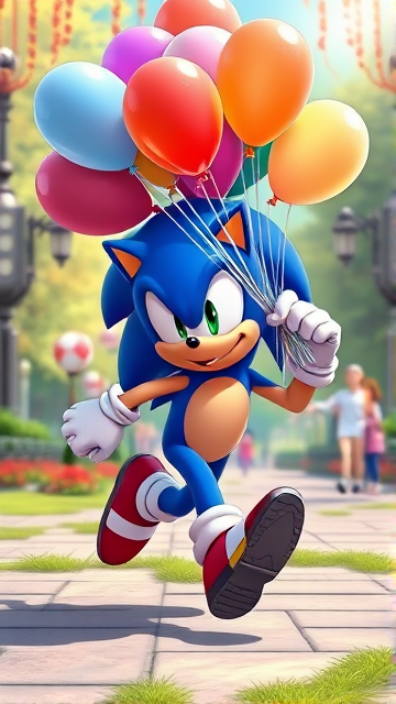 Sonic the Hedgehog in dynamic running pose, clutching a vibrant bouquet of assorted 16-inch balloons, set against the backdrop of a lively park scene, rendered in vivid anime style