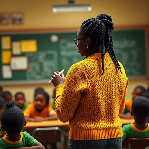 Une institutrice noire âgée de quarante ans vêtue d'un pull jaune avec des tresses africaines le dos tourné écrit au tableau dans une salle de classe avec des élèves noires agés de huit ans