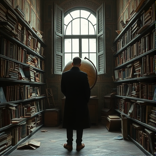Une ancienne bibliothèque oubliée, aux murs ornés de boiseries travaillées recouvertes de poussière et toiles d'araignées, abrite des étagères grinçantes qui ploient sous le poids de carnets anciens jaunis par le temps et des volumes reliés en cuir craquelé; chaque livre, manuscrit et carnet renferme une multitude d'idées jadis brillantes ou une contribution précieuse à un projet de crowdsourcing désormais tombé dans l'oubli. Des pages cornées dépassent ici et là, certaines éparpillées sur le sol dallé où la poussière a dessiné son empreinte au fil des années. Au coeur de ce sanctuaire du savoir abandonné trône un globe terrestre antique et décoloré, parsemé d'éraflures et couronné d'une fine couche de poussière qui atteste de l'inertie des connexions mondiales qu'il symbolise autrefois. À travers la lumière crépusculaire venant mourir sur ses contours, on perçoit les nuances fanées des continents autrefois explorés.

Un unique silhouette humaine se détache dans cette atmosphère d'abandon; dos courbé par la nostalgie ou peut-être la quête infructueuse de connaissance, elle est drapée dans un long manteau sombre usé par le temps qui flotte autour d'elle comme le spectre d'un passé révolu. Cette figure solitaire se tient immobile devant une fenêtre aux vitres brisées ou griffées par les assauts incessants du temps - le seul point d'entrée pour une lumière extérieure blafarde qui baigne la scène d'une clarté morne révélant les fils d'araignée argentés tissant leur toile entre les reliques littéraires.

L'éclairage ambiant est doux mais imprégné de tristesse; il provient principalement du ciel gris plombé à l'extérieur filtrant faiblement à travers les volets entrouverts et les fissures dissimulant encore davantage cet intérieur secret. La caméra capture cette scène depuis une plongée légère qui enveloppe la solitude pesante du personnage tout en exposant avec fidélité l'étendue chaotique et encombrée des lieux. Le style visuel recherché doit être réaliste avec un soin particulier apporté aux textures variées – bois vieilli, papier râpé, cuir fendillé – et à la reproduction authentique de cette ambiance mélancolique où chaque élément raconte sa propre histoire silencieuse.