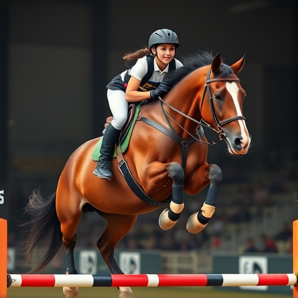 teenage girl with full gear on jumping massive bay horse with white face over a big showjump