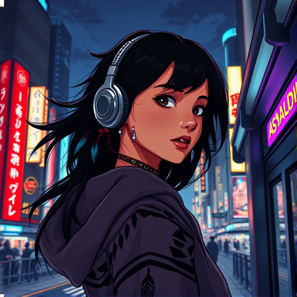 Create a 3D digital illustration featuring a Native American girl with flowing ebony hair, adorned in small tribal feather earrings. She's equipped with high-tech, conceptually designed headphones and sports a tribal-patterned hoodie (hood lowered) that hints at her heritage. As she glances back at us with a sultry, knowing gaze, desire in her eyes, she exits an underground subway station on the street level on the right side into an expansive, bustling night-time cityscape reminiscent of "Akira" or cyberpunk Tokyo. The metropolis should be filled with a myriad of vibrant neon Japanese holographic signs. At the top of this futuristic panorama, the words "ASTAUDIA PRODUCT" should be emblazoned in neon chrome using a retro-futuristic font.