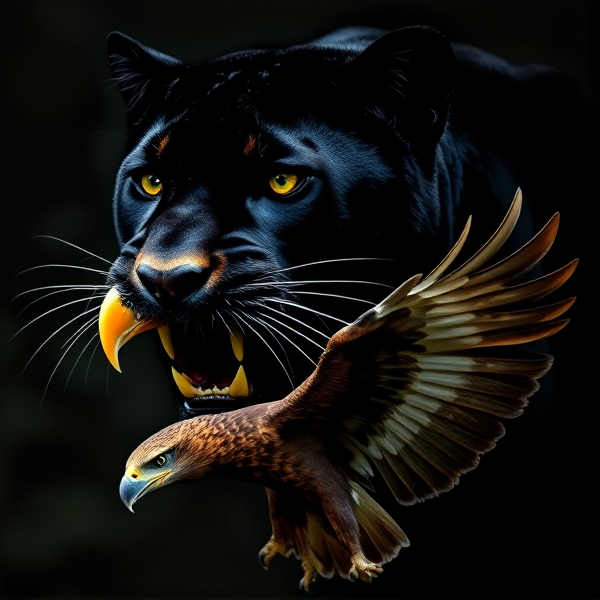 A black panther with an eagle in its mouth