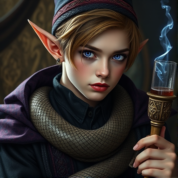 Emo magician 20 year old purple eyes elf ears and snake scales