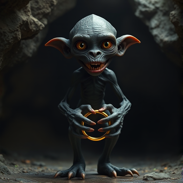 Make a photo of gollum from lord of the rings. He is about 3 feet tall, and is a skinny creature with black skin, six sharp teeth, and two large, luminous eyes. He has cold clammy hands and webbed feet. He stands in an underground cave, and holds a golden ring in his hands.
