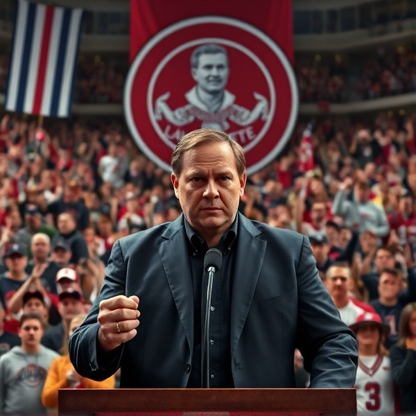 Sure! Here's a detailed description for the image you requested:

In the foreground, the football coach from Louisiana Lafayette stands imposingly at a podium. His expression is dark and intense, with a furrowed brow and piercing eyes that convey an air of malevolence. He is dressed in a sharp, authoritative outfit that contrasts sharply with the typical sports attire, hinting at his desire for dominance. His posture is commanding, with a clenched fist or a raised finger as if delivering a powerful speech.

Behind him, a large crowd of supporters fills the scene. They are cheering loudly, but their expressions range from fervent enthusiasm to uneasy apprehension, reflecting the coach's growing influence and the underlying tension of his ambitious, dictatorial aspirations.

In the background, the stadium or arena is filled with banners and flags representing the team, but they are overshadowed by a large, imposing emblem or symbol that represents the coach’s new, authoritarian regime. The atmosphere is electric but carries an undertone of uncertainty, as if the crowd is caught between admiration for the coach and worry about his extreme ambitions.

The contrast between the coach's dark demeanor and the vibrant, supportive crowd creates a dramatic and unsettling scene, emphasizing his desire to rule the league despite his team's current shortcomings