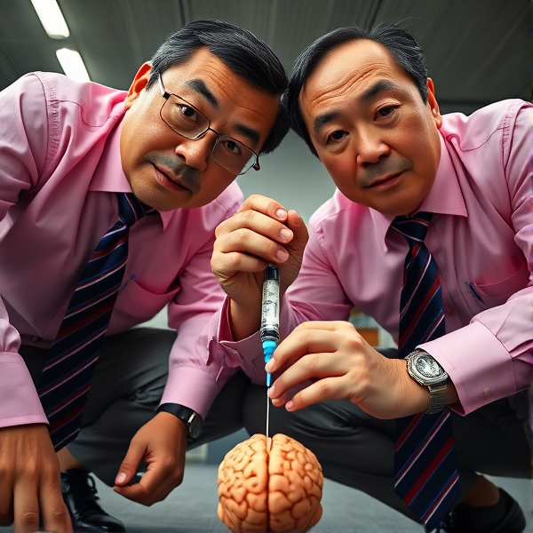 Deux hommes d'affaires japonais senior , vêtus de chemises roses, sont accroupis. Ils arborent des cravates longues et soyeuses avec des rayures bleues et rouges. Leurs regards sont fixes, pénétrants et pleins d'assurance vers l'objectif de la caméra. Les hommes plantent  une seringue profondément dans le cerveau comme s'ils allaient injecter une drogue .La prise de vue est en contre-plongée pour accentuer leur présence imposante
