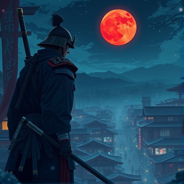 1 samurai turns the corner to see another samurai in a japanese city with a glowing red moon in the distance