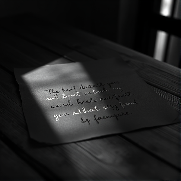 Une feuille épaisse et texturée de couleur sombre repose sur une table en bois ancienne, mise en valeur par un éclairage dramatique d'une lumière blanche provenant du côté, créant un jeu d'ombre et de lumière contrasté. Les mots indechiffrables délicatement inscrits sur la feuille avec une écriture cursive élégante et fine sont illuminés par cette lumière, ressortant clairement contre l'obscurité ambiante. L'ambiance générale de l'image est intime et chaleureuse, malgré le choix du noir et blanc qui renforce l'esthétique vintage et le sentiment de nostalgie.