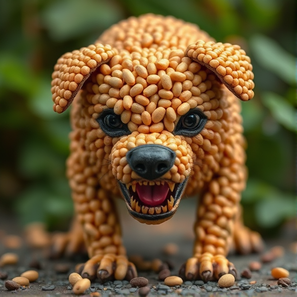 A fierce dog made of beans