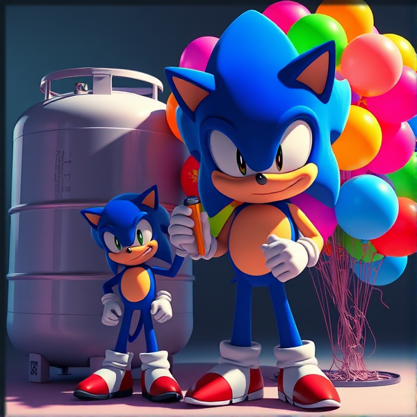 Sonic the Hedgehog standing upright next to a large helium tank, holding a nozzle attached to a vibrant cluster of assorted balloons 450 each