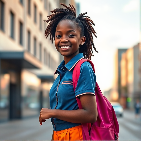 Jeune écolière africaine de huit ans, coiffée de tresses africaines serrées, souriante, portant un uniforme d'école coloré et tenant un cartable robuste sur le chemin de l'école sous un ciel clair matinal