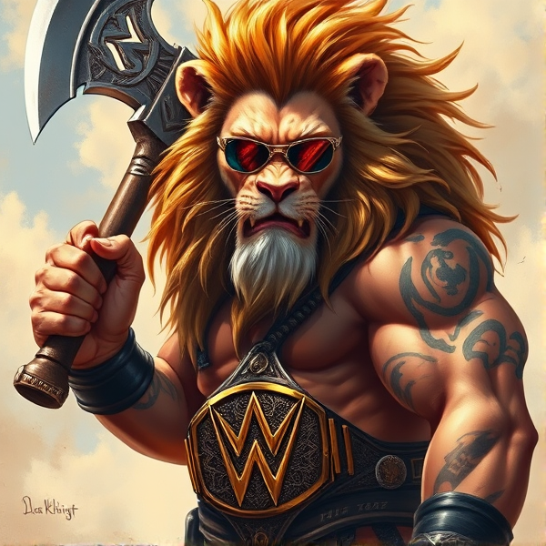 Un Lion barbare dieux du soleil une hache, avec des poils de lion et une carrure imposante et avec la ceinture de la wwe le catcheur et ces lunettes de soleil, il a un tatoo sur le bras avec le logo LA KNIGHT