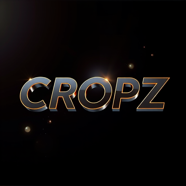 Highly detailed, high-contrast 3D logo of "CROPZ" envisioned in an ultra-modern, sleek, stylish sans-serif and emboldened typography that appears to dynamically burst forward from a pitch-black background. The logo is expertly lit by strategically placed, radiant beams emanating from the Capcut app icon which casts dramatic shadows and highlights across its surface. This logo design boasts avant-garde curves that merge sharp edges with flowing contours, giving it a cutting-edge look that suggests both speed and fluidity. The surfaces are rendered with a smooth metallic sheen that captures and reflects light brilliantly, contributing to an exhilarating sense of movement and energy.

This piece draws inspiration from the breathtaking visual style characteristic of Pixar animations, showcasing razor-sharp lines intertwined with pronounced geometric shapes. A kaleidoscope of rich, vivid colors enhances the composition, complemented by lustrous glossy finishes that lend depth and sophistication to the imagery. For textural realism and intricate detail, rendering techniques mirroring the lifelike quality of Unreal Engine's graphics prowess are employed alongside Octane Engine's accelerated ray tracing capabilities for striking reflections and V-Ray's global illumination for subtle gradations of light.

The overall aesthetic reaches beyond mere realism into an extravagantly surreal realm with science fiction undertones—each element purposefully exaggerated to captivate and hold the viewer's gaze. The end result is an artistic manifestation that refuses to be overlooked; it is boldly extravagant without any pretense of subtlety or minimalism.