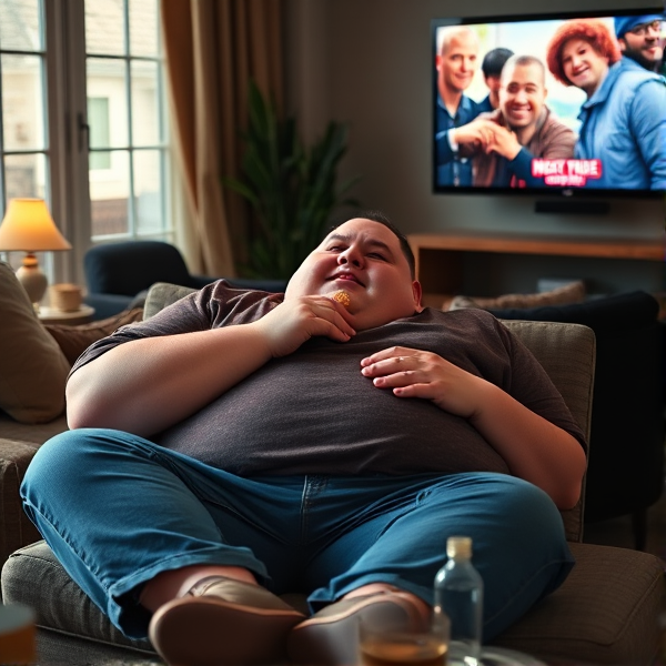 Big fat guy sitting on a couch eating cookies watching TV